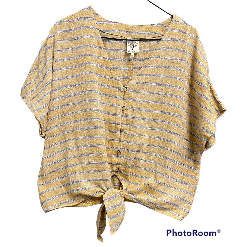 Twisted front hem, yellow and blue striped top, SZ L